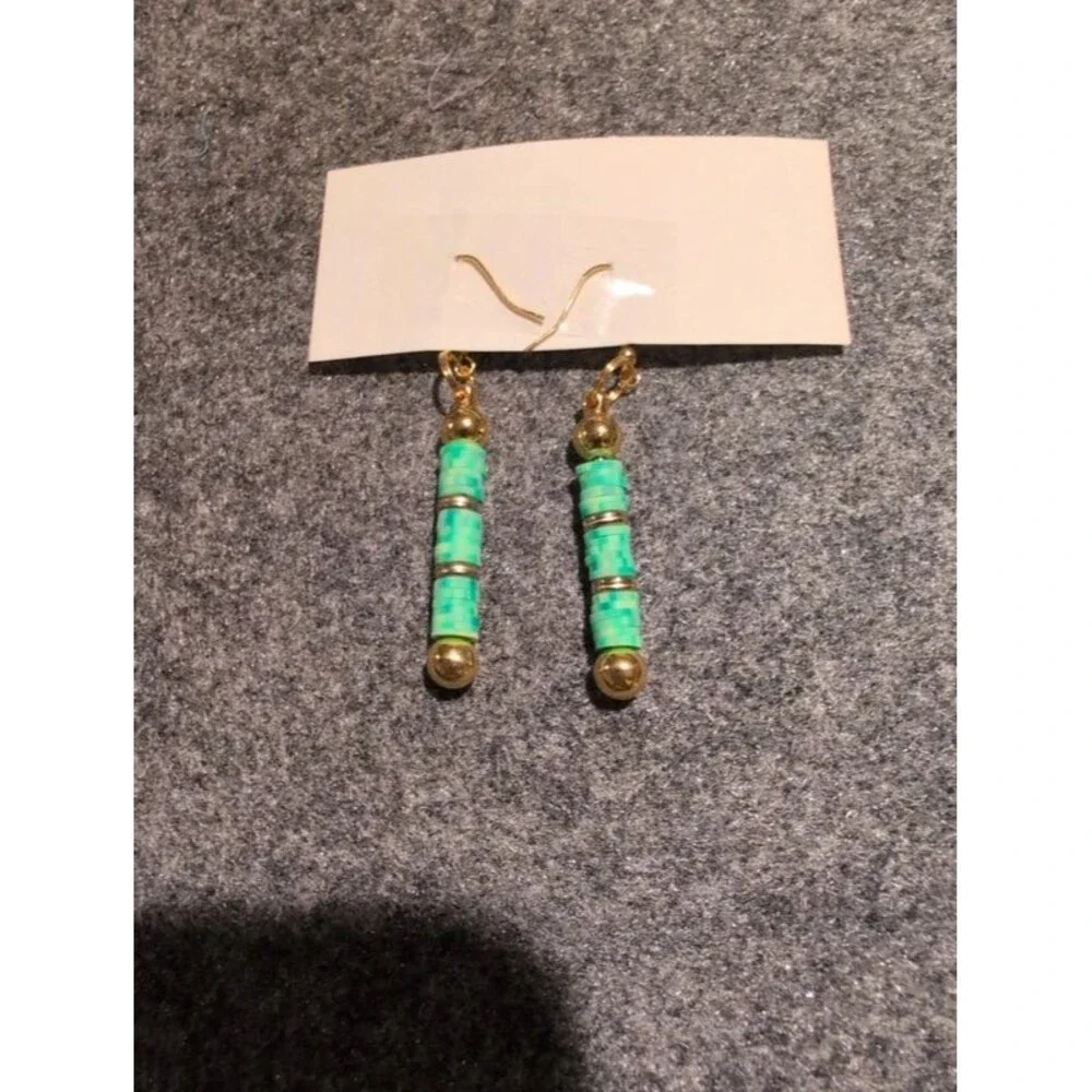 Green and gold dangle hook earrings